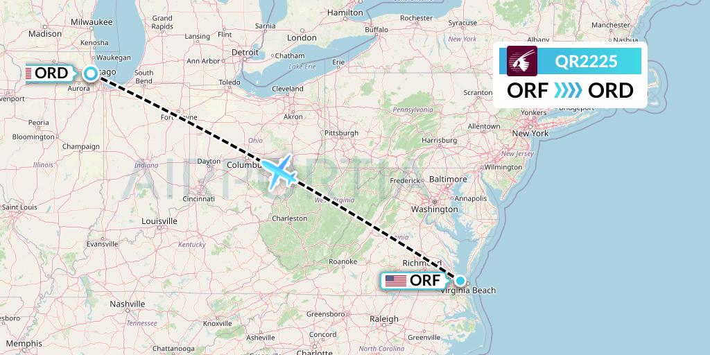QR2225 Qatar Airways Flight Map: Norfolk to Chicago