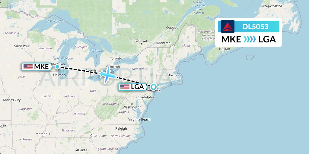 DL5053 Delta Air Lines Flight Map: Milwaukee to New York
