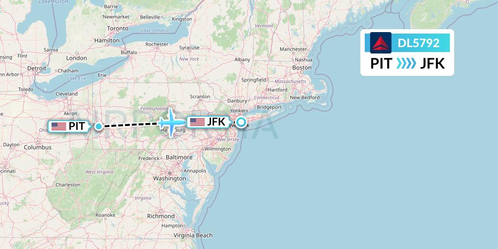 DL5792 Delta Air Lines Flight Map: Pittsburgh to New York