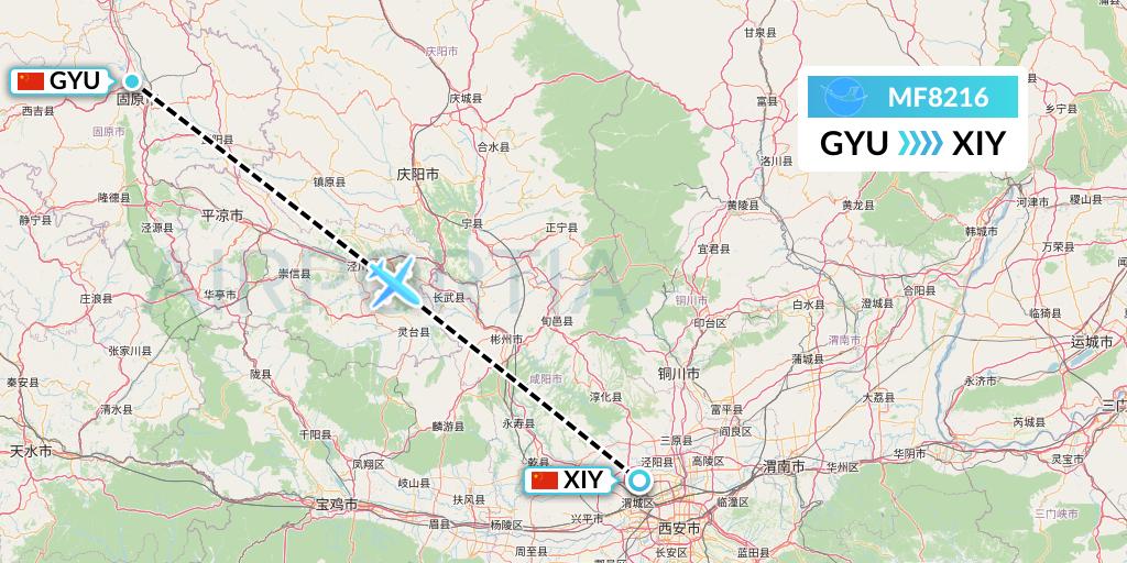MF8216 Xiamen Airlines Flight Map: Guyuan to Xi'an