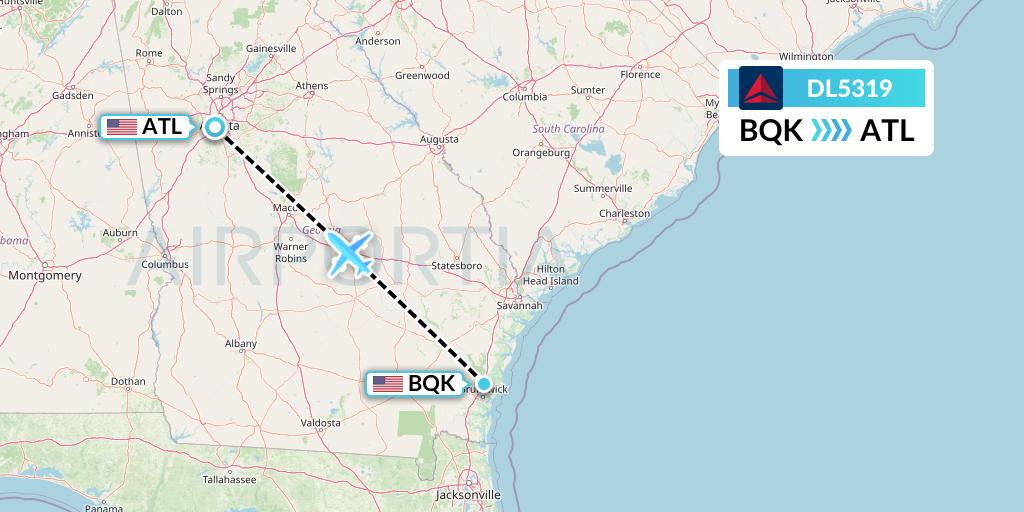 DL5319 Delta Air Lines Flight Map: Brunswick to Atlanta