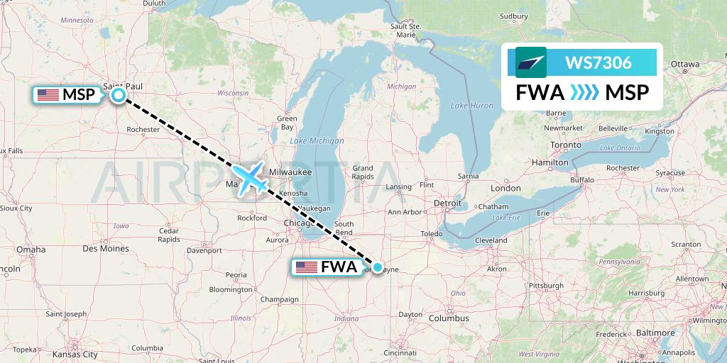 WS7306 WestJet Flight Map: Fort Wayne to Minneapolis