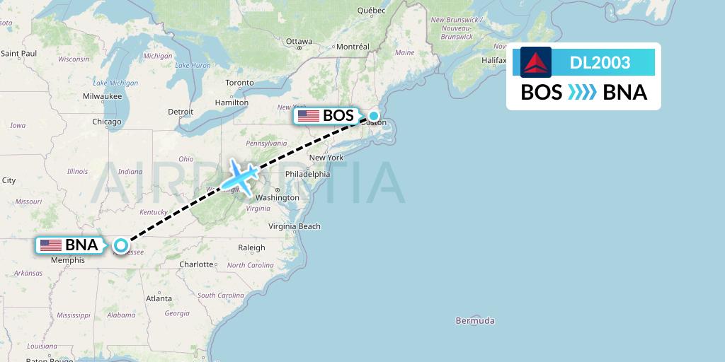 DL2003 Delta Air Lines Flight Map: Boston to Nashville