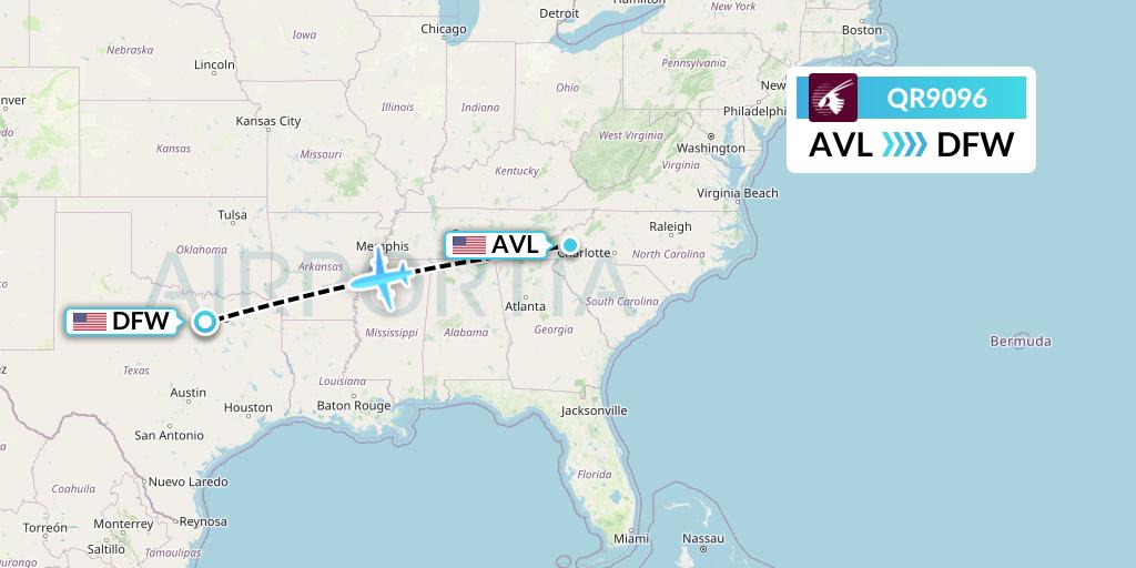 QR9096 Qatar Airways Flight Map: Asheville to Dallas