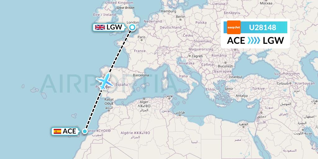 U28148 EasyJet Flight Map: Lanzarote to London