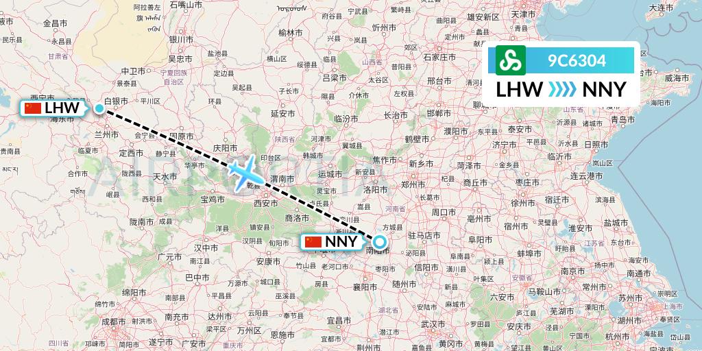 9C6304 Spring Airlines Flight Map: Lanzhou to Nanyang