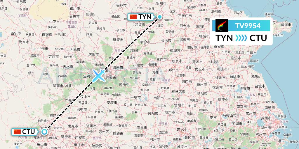 TV9954 Tibet Airlines Flight Map: Taiyuan to Chengdu