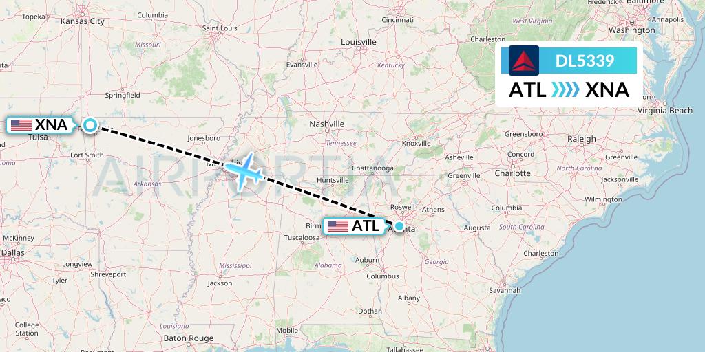 DL5339 Delta Air Lines Flight Map: Atlanta to Bentonville