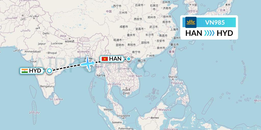 VN985 Vietnam Airlines Flight Map: Hanoi to Hyderabad