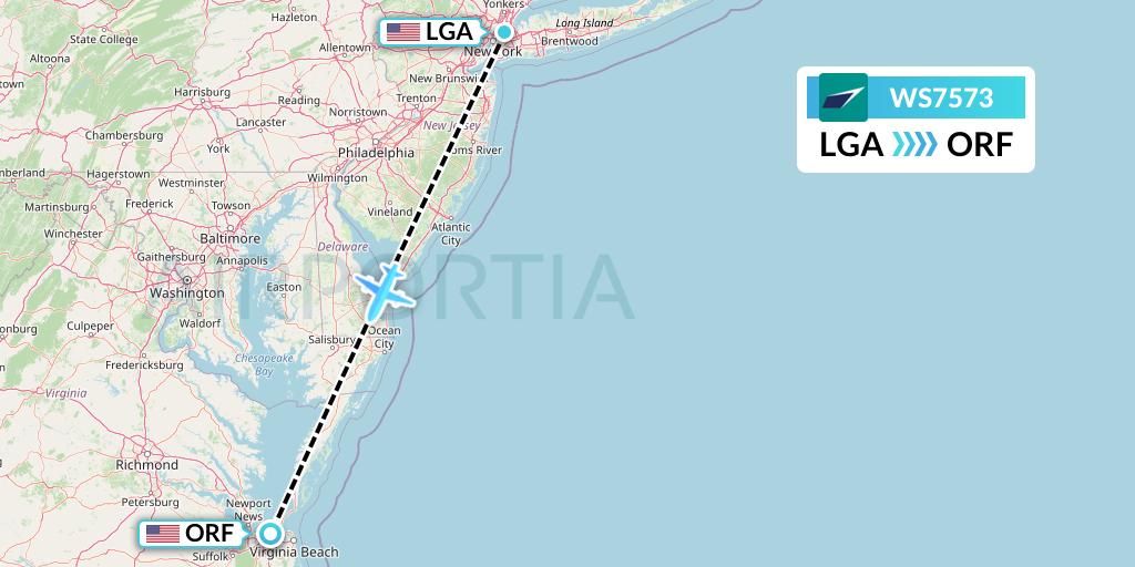 WS7573 WestJet Flight Map: New York to Norfolk