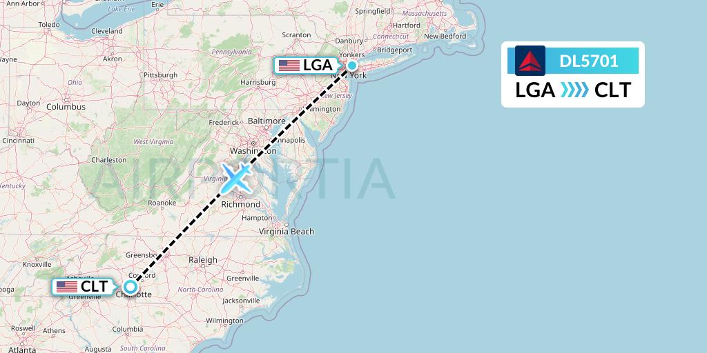 DL5701 Delta Air Lines Flight Map: New York to Charlotte