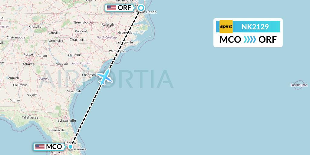 NK2129 Spirit Airlines Flight Map: Orlando to Norfolk