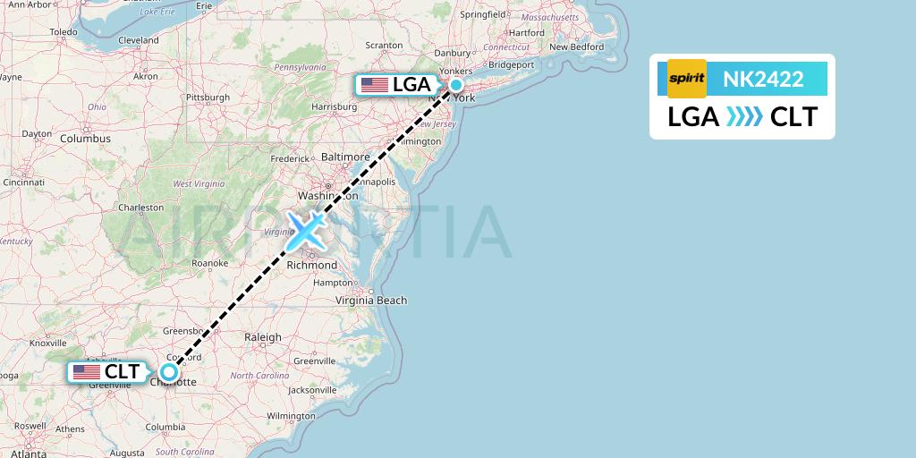 NK2422 Spirit Airlines Flight Map: New York to Charlotte