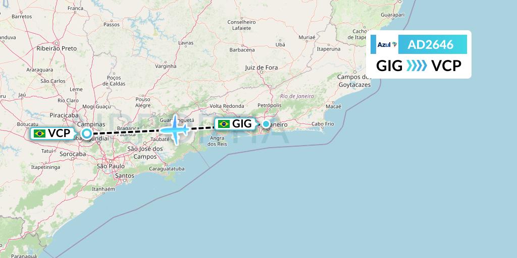 AD2646 Azul Brazilian Airlines Flight Map: Rio de Janeiro to Campinas