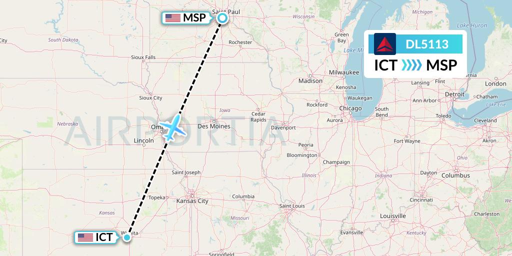 DL5113 Delta Air Lines Flight Map: Wichita to Minneapolis