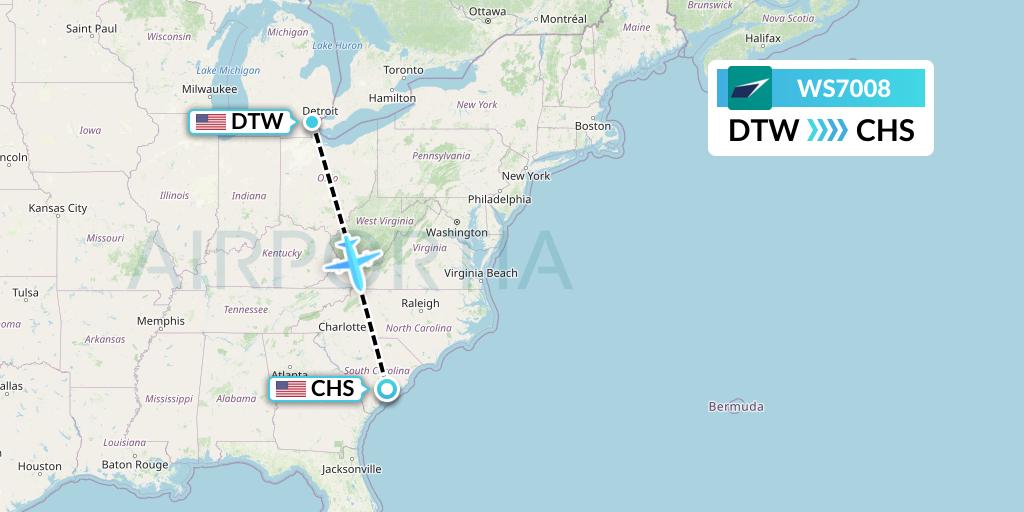 WS7008 WestJet Flight Map: Detroit to Charleston