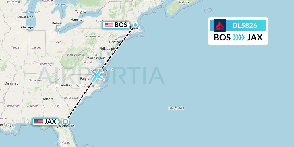 DL5826 Delta Air Lines Flight Map: Boston to Jacksonville