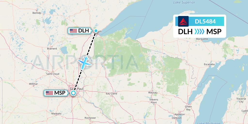 DL5484 Delta Air Lines Flight Map: Duluth to Minneapolis