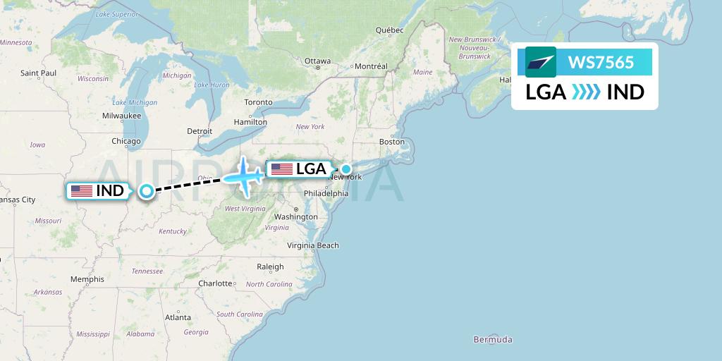 WS7565 WestJet Flight Map: New York to Indianapolis
