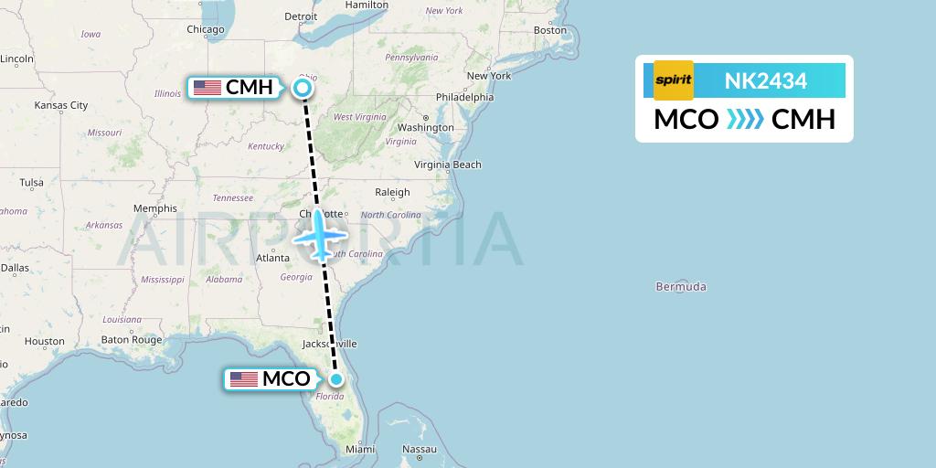 NK2434 Spirit Airlines Flight Map: Orlando to Columbus