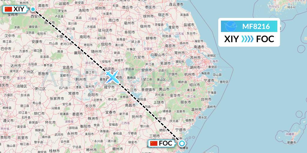 MF8216 Xiamen Airlines Flight Map: Xi'an to Fuzhou