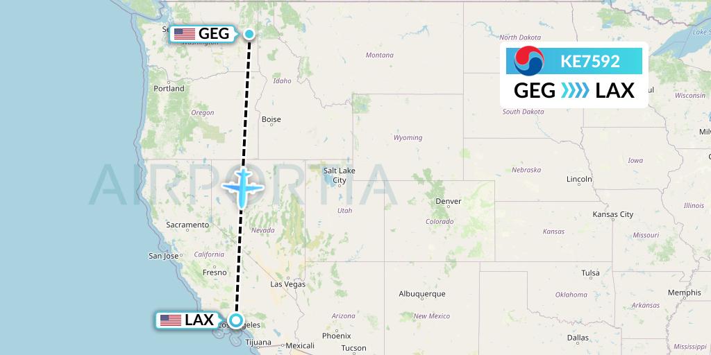 KE7592 Korean Air Flight Map: Spokane to Los Angeles