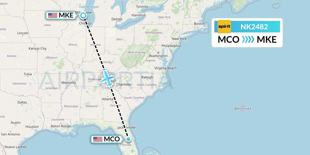 NK2482 Spirit Airlines Flight Map: Orlando to Milwaukee