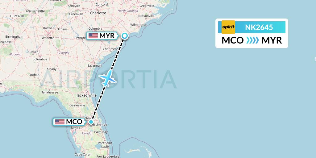 NK2645 Spirit Airlines Flight Map: Orlando to Myrtle Beach