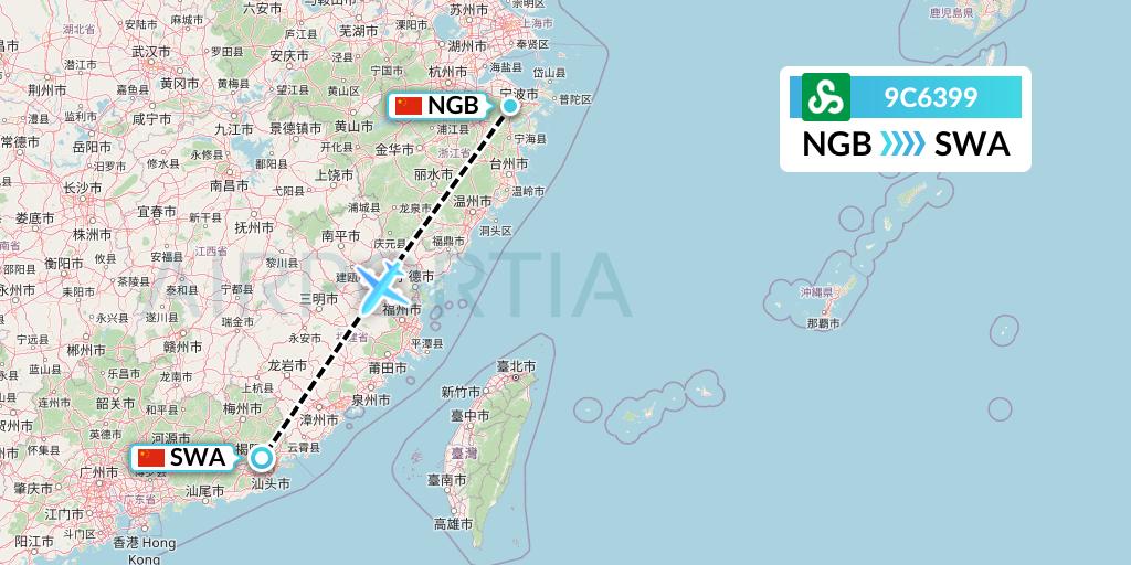 9C6399 Spring Airlines Flight Map: Ningbo to Jieyang