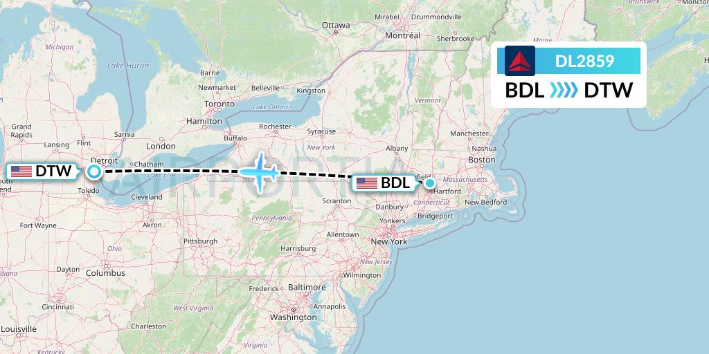 DL2859 Delta Air Lines Flight Map: Windsor Locks to Detroit
