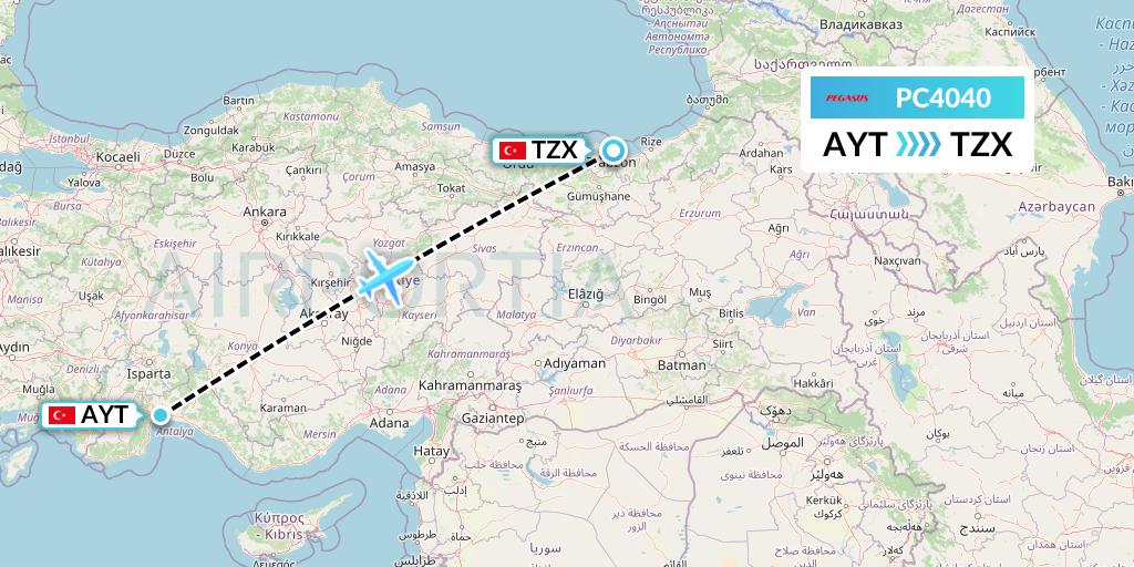 PC4040 Pegasus Airlines Flight Map: Antalya to Trabzon