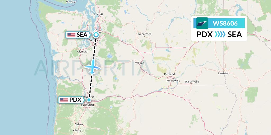 WS8606 WestJet Flight Map: Portland to Seattle