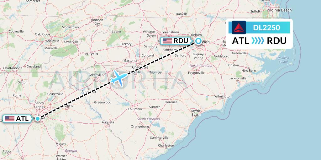 DL2250 Delta Air Lines Flight Map: Atlanta to Raleigh-Durham
