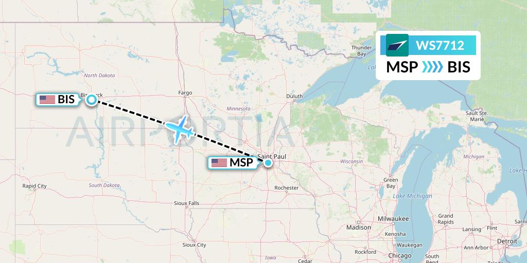 WS7712 WestJet Flight Map: Minneapolis to Bismarck