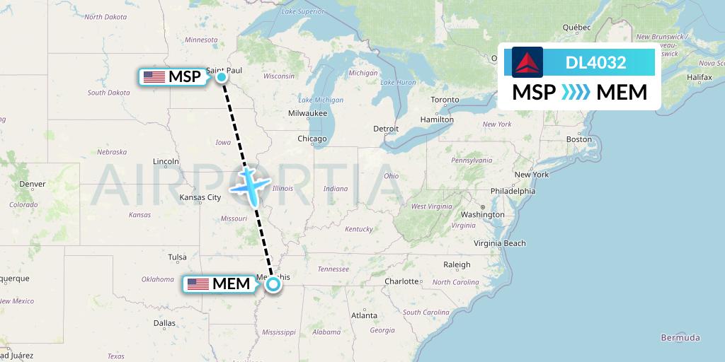 DL4032 Delta Air Lines Flight Map: Minneapolis to Memphis