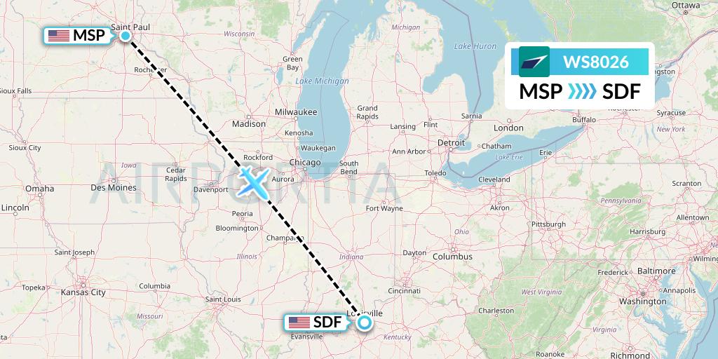 WS8026 WestJet Flight Map: Minneapolis to Louisville
