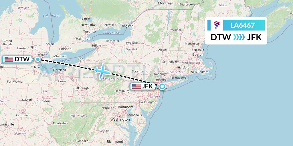 LA6467 LAN Airlines Flight Map: Detroit to New York