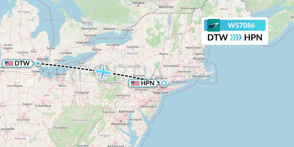 WS7086 WestJet Flight Map: Detroit to White Plains