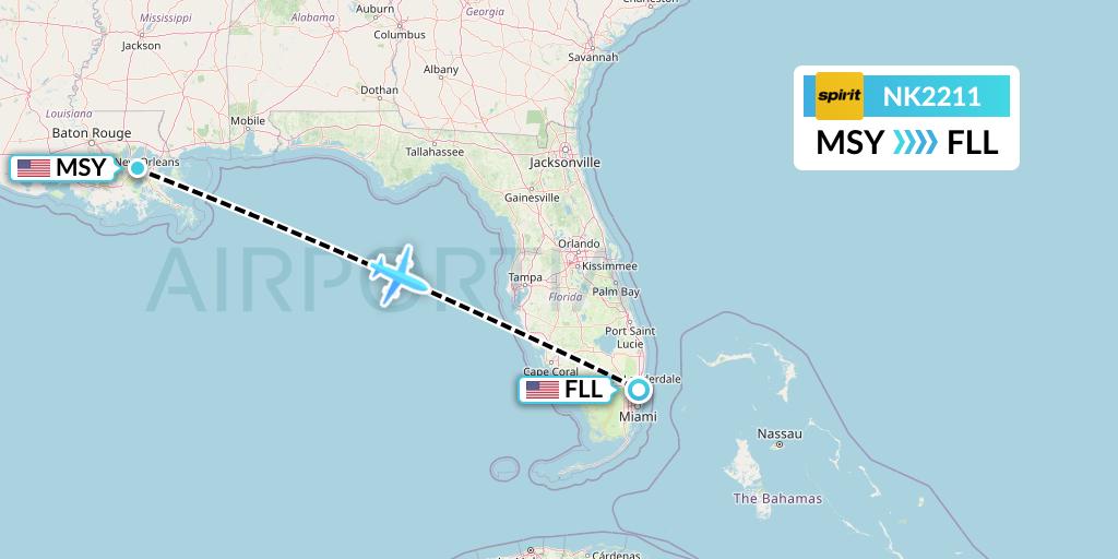 NK2211 Spirit Airlines Flight Map: New Orleans to Fort Lauderdale