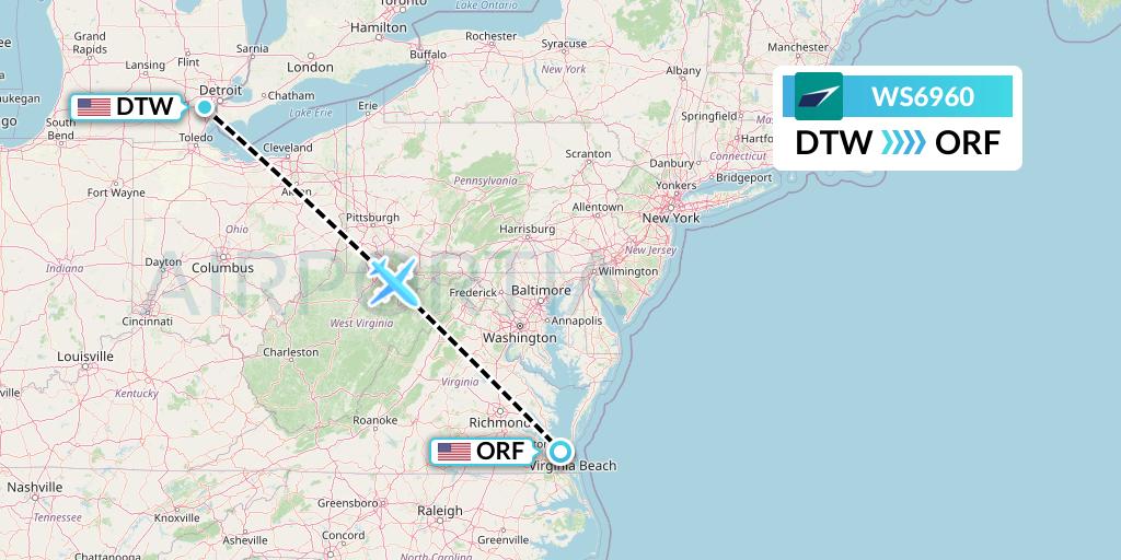 WS6960 WestJet Flight Map: Detroit to Norfolk
