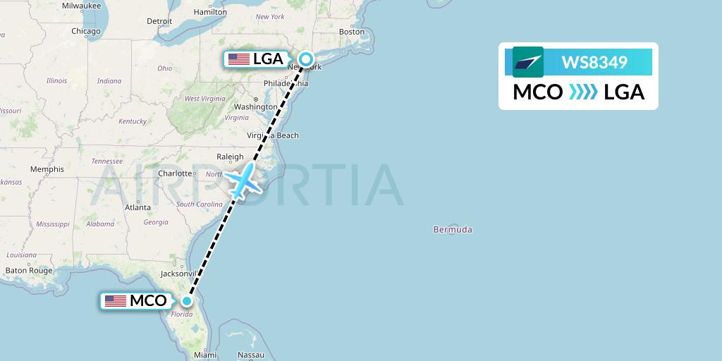 WS8349 WestJet Flight Map: Orlando to New York