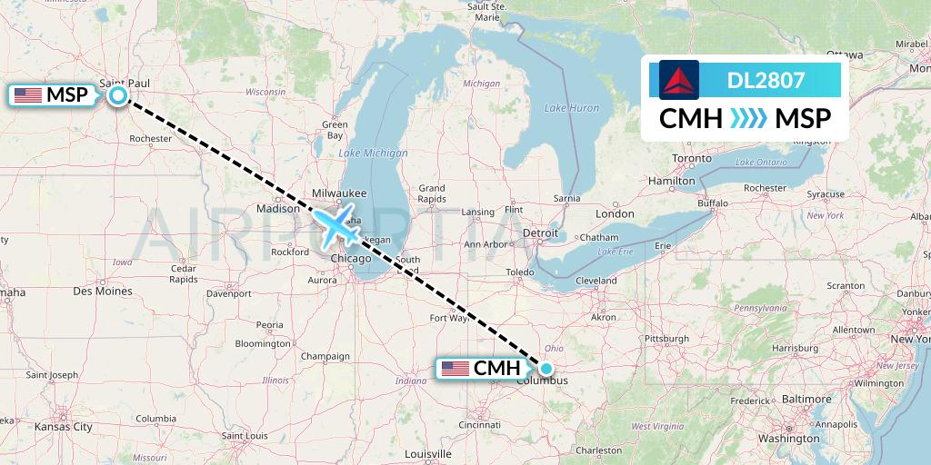 DL2807 Delta Air Lines Flight Map: Columbus to Minneapolis