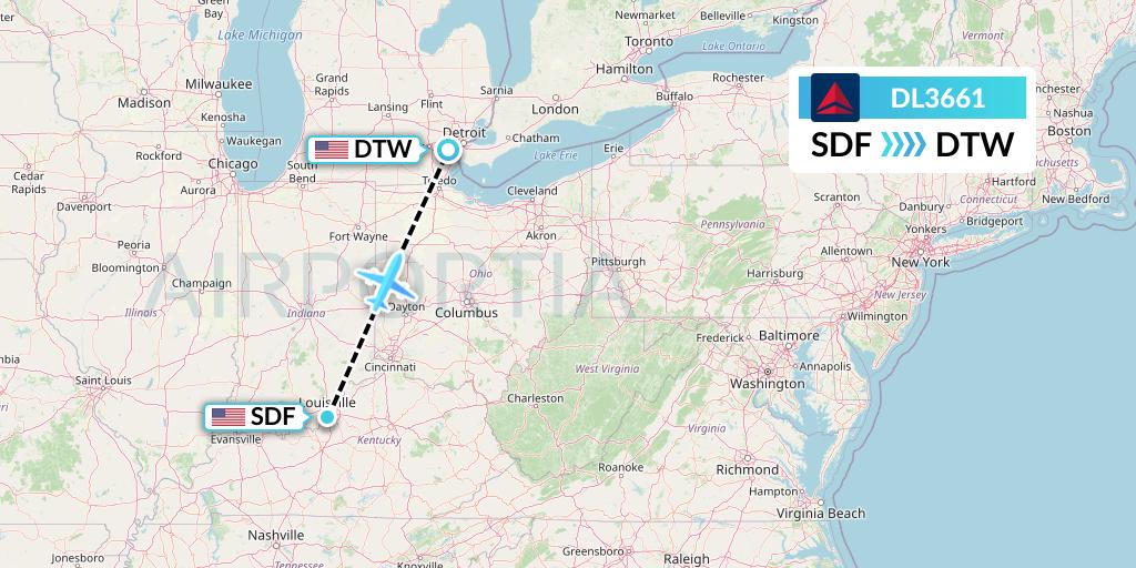 DL3661 Delta Air Lines Flight Map: Louisville to Detroit