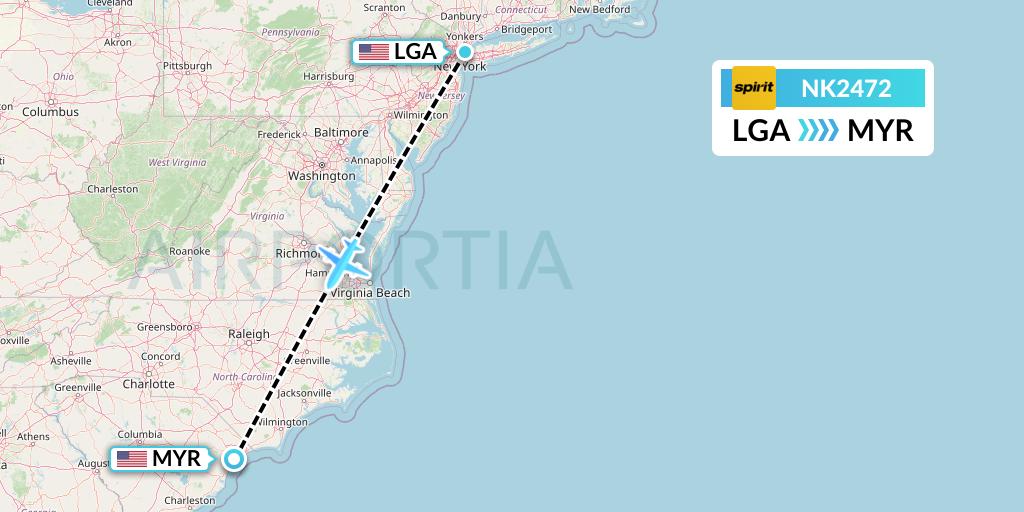 NK2472 Spirit Airlines Flight Map: New York to Myrtle Beach