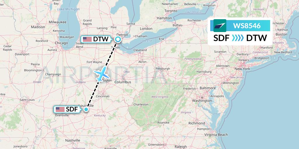 WS8546 WestJet Flight Map: Louisville to Detroit