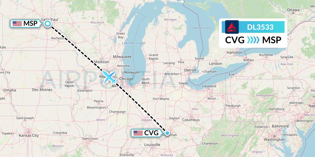 DL3533 Delta Air Lines Flight Map: Cincinnati to Minneapolis