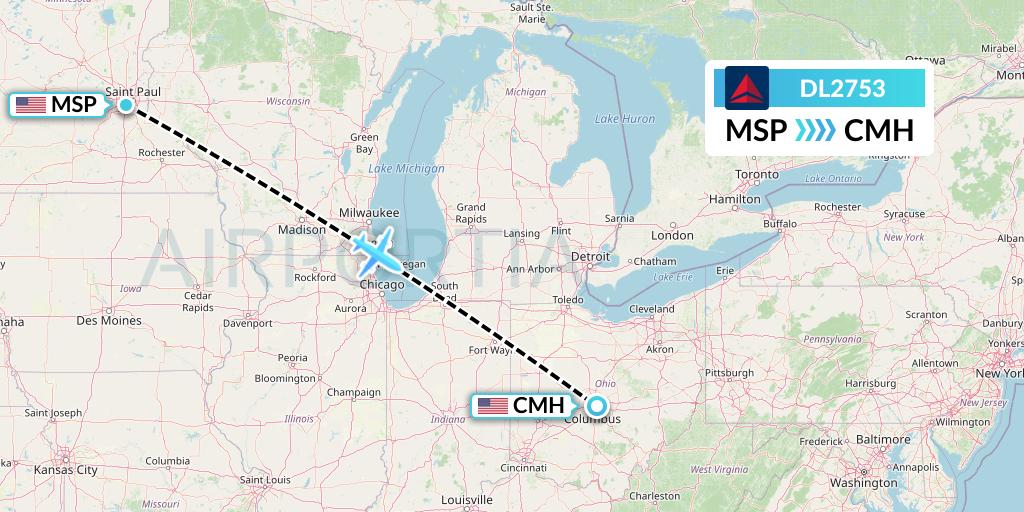 DL2753 Delta Air Lines Flight Map: Minneapolis to Columbus
