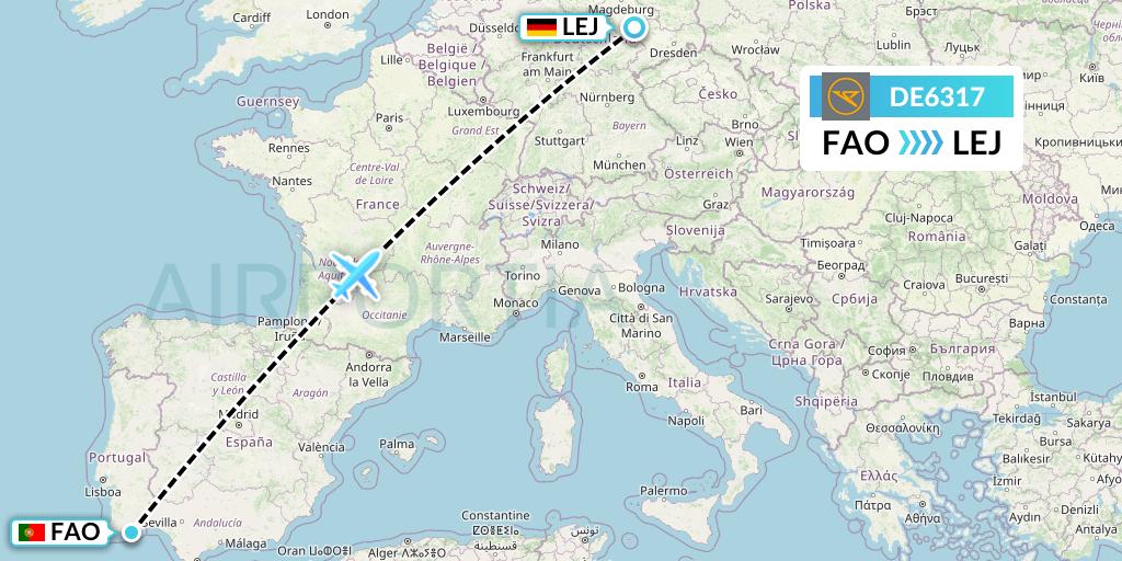 DE6317 Condor Flight Map: Faro to Leipzig