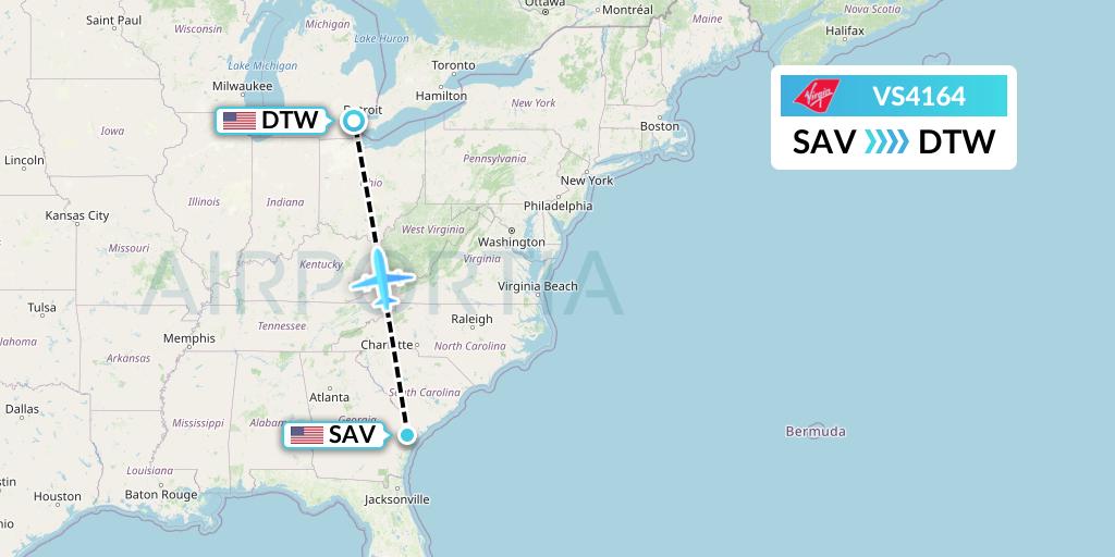 VS4164 Virgin Atlantic Airways Flight Map: Savannah to Detroit