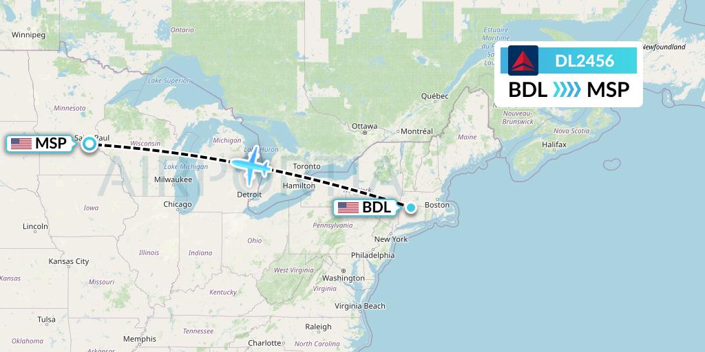 DL2456 Delta Air Lines Flight Map: Windsor Locks to Minneapolis